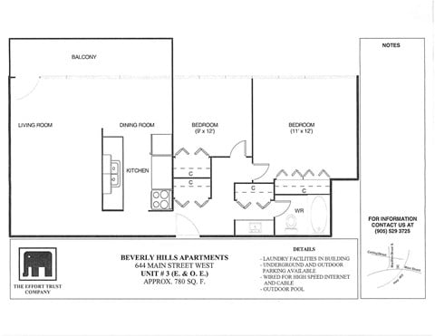 Floor plan for 2 beds, 1 bath, 780 sqft